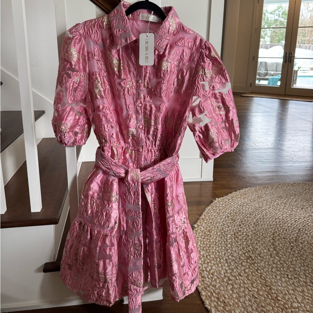 Pink Jacquard Dress with Tie Belt